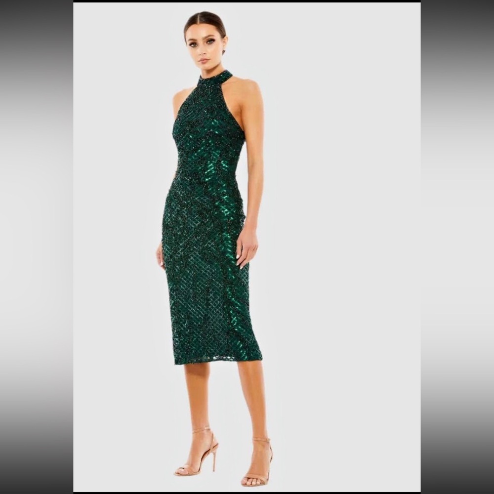 Mac Duggal Emerald Green Sequin Halter Midi Dress